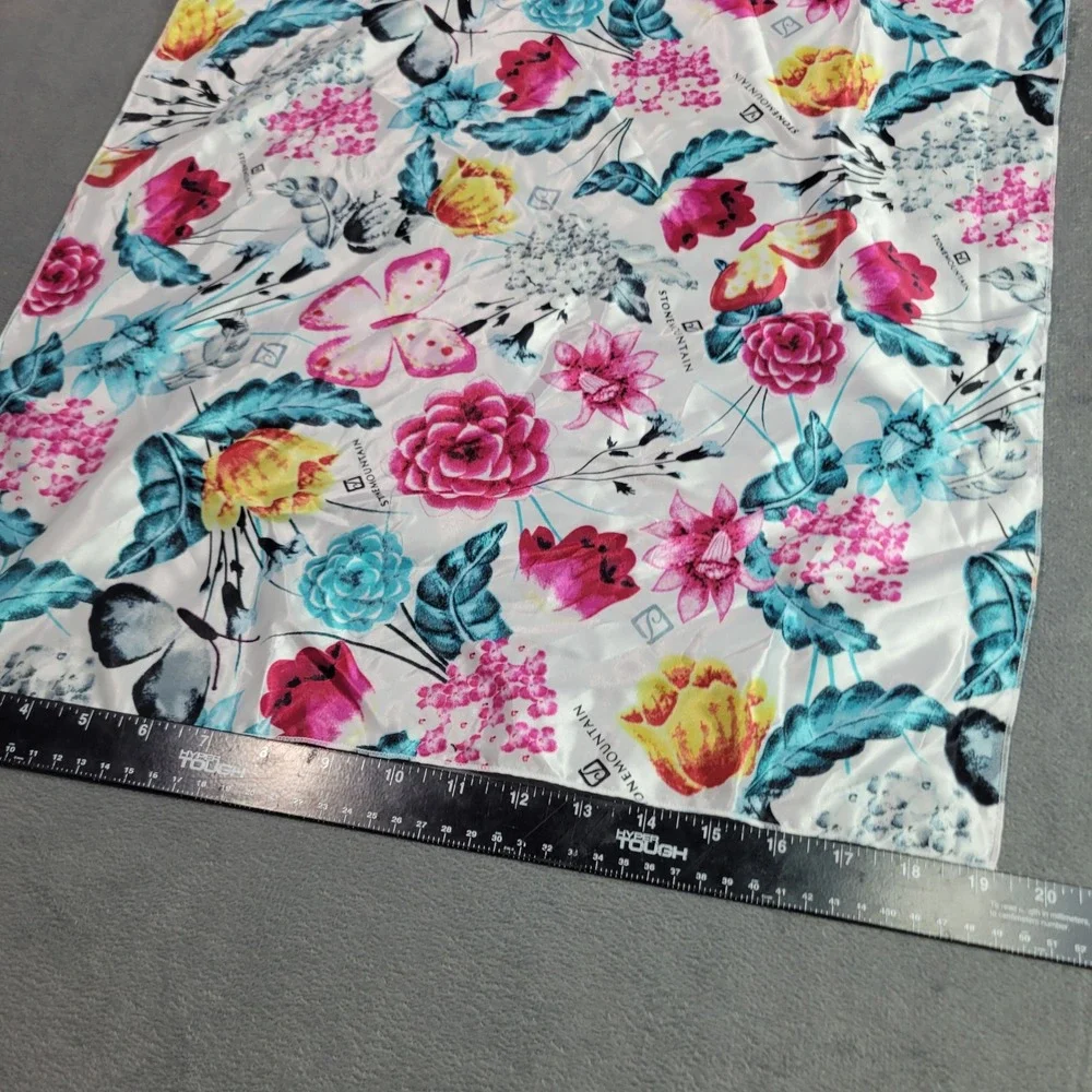 Stone Mountain Scarf Women OS White Pink Floral Butterfly Square Silky Polyester